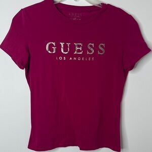 Guess Los Angeles Women’s Magenta Tee with Silver Logo 95% cotton Size L